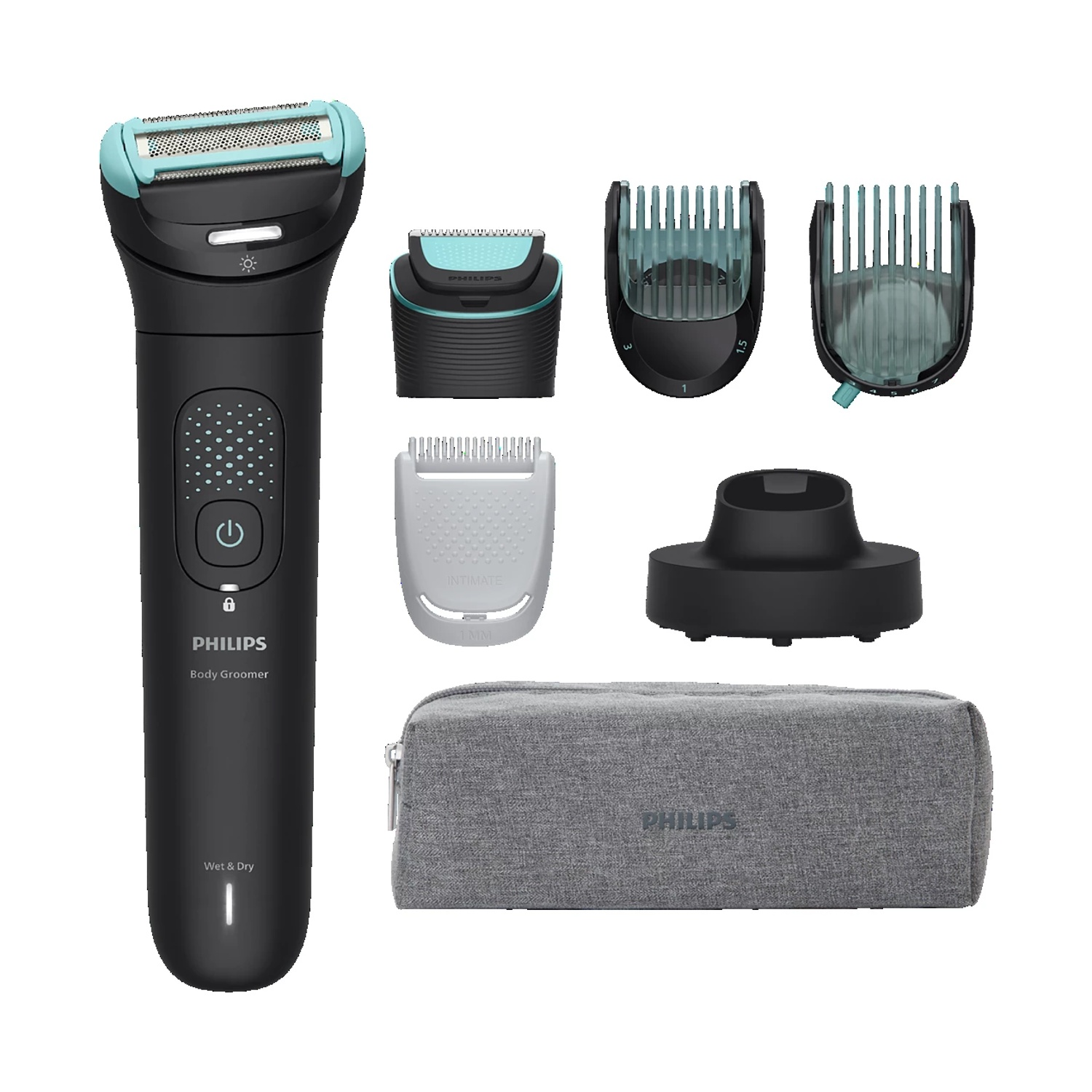 Un Body Groomer Philips nero con accessori: pettini, base di ricarica e custodia.