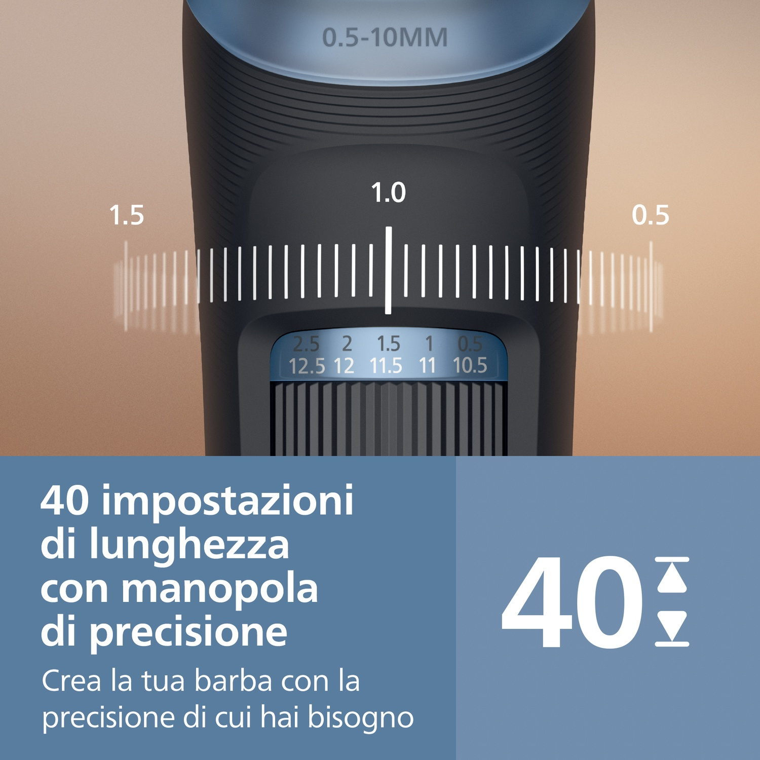 Primo piano di un rifinitore con impostazioni di lunghezza da 0,5 a 10 mm.