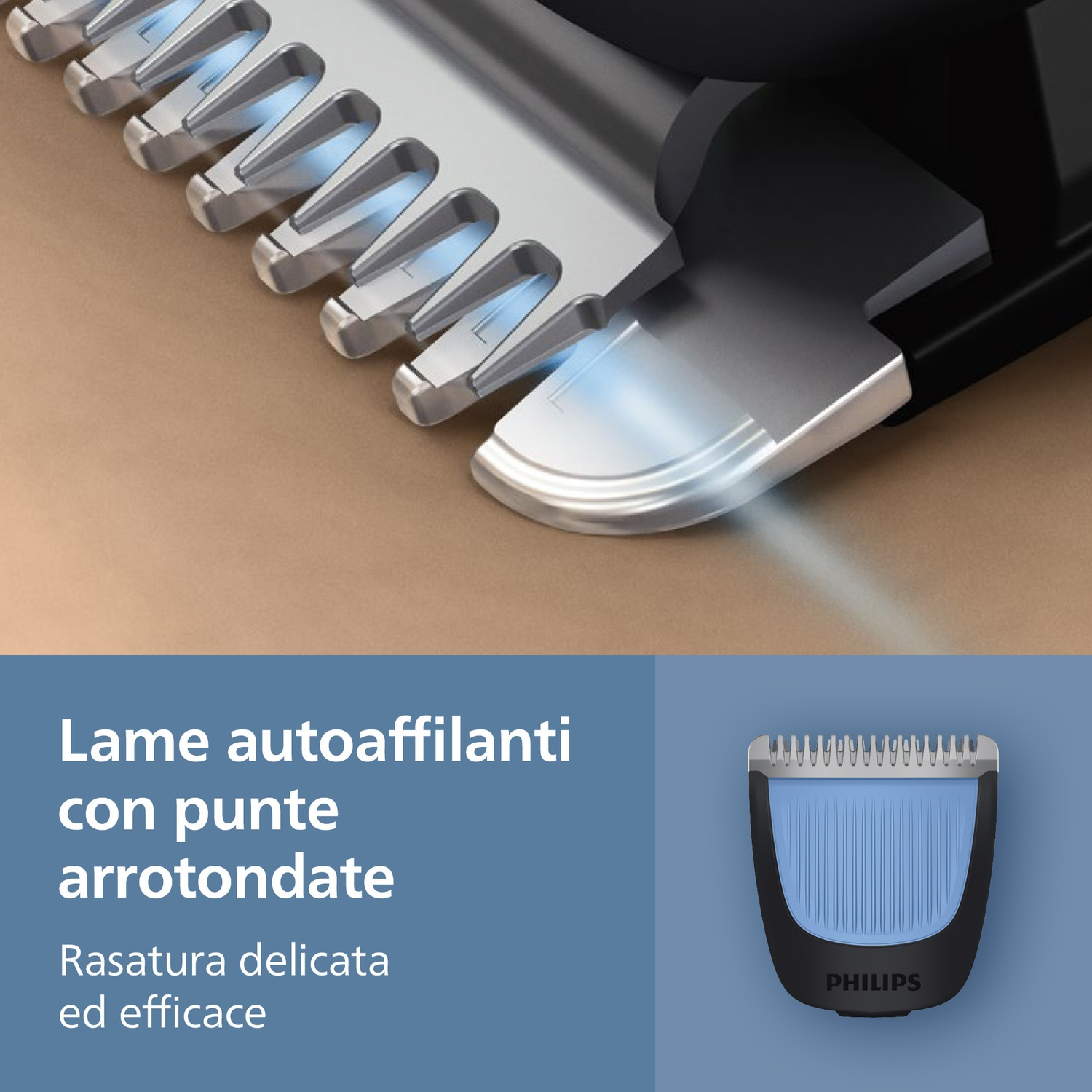 Primo piano di una testina di rifinitura argentata e affilata con accenti blu su sfondo marrone.