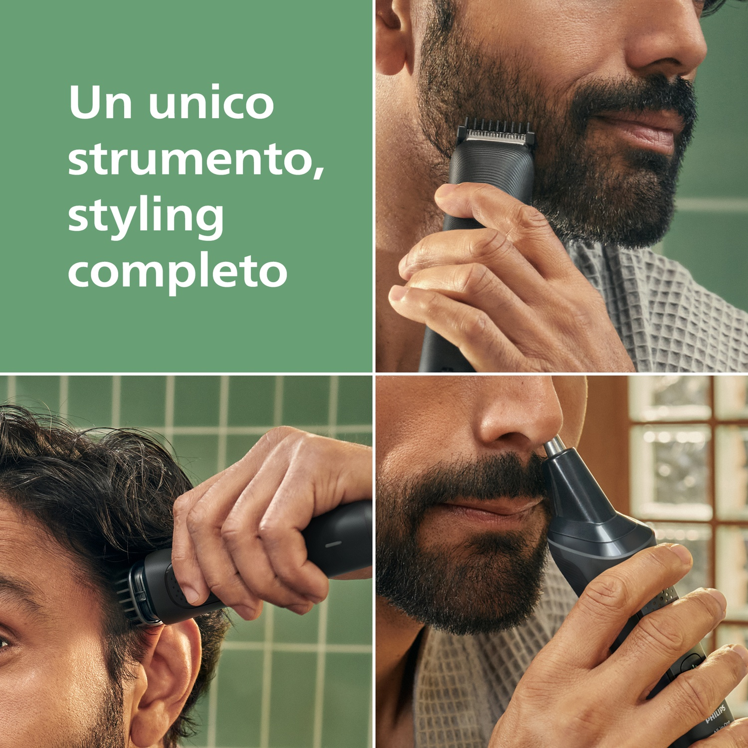 Uomo si rade barba, naso e attaccatura dei capelli con rifinitore.