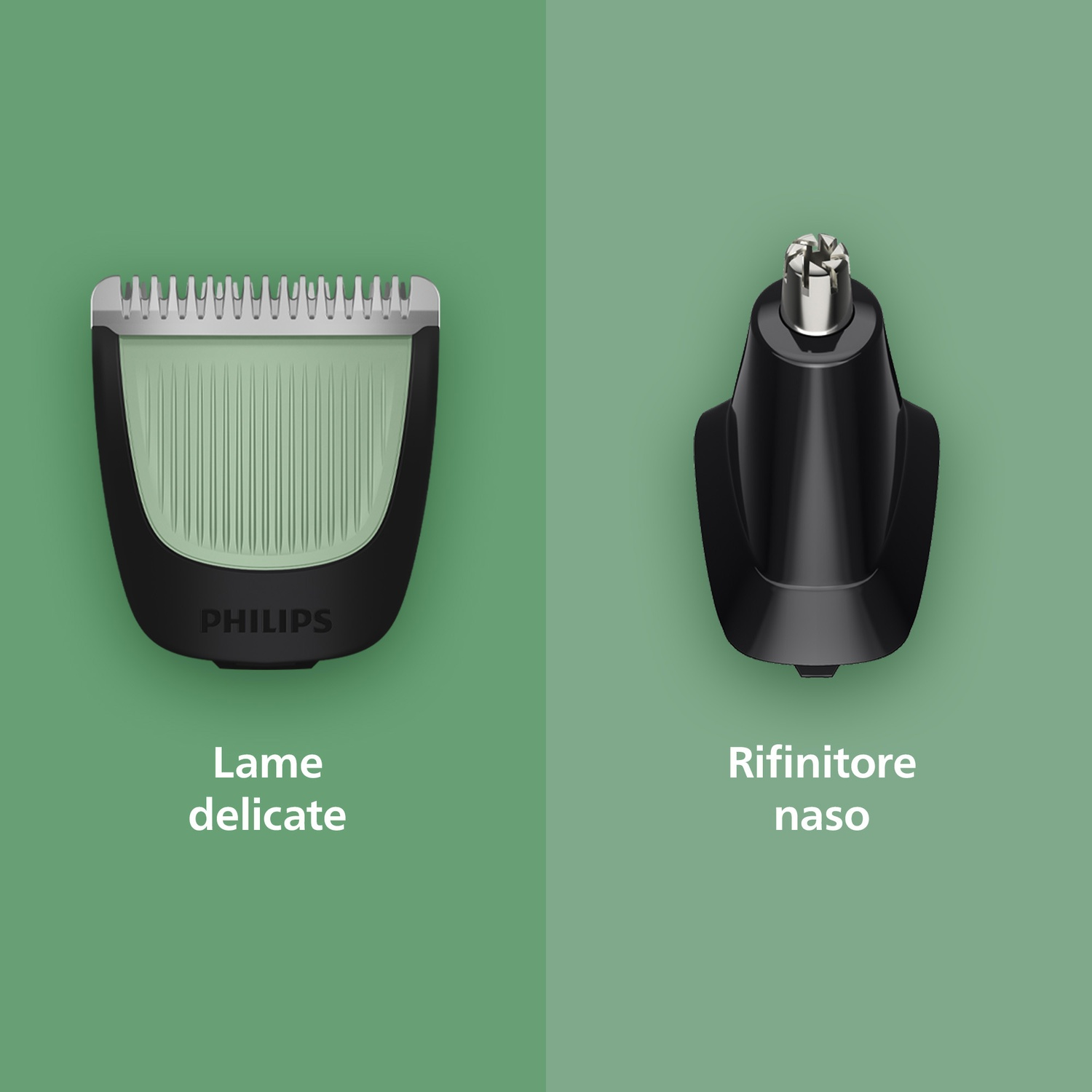 Due accessori tagliacapelli su sfondo verde: lama delicata e rifinitore naso.