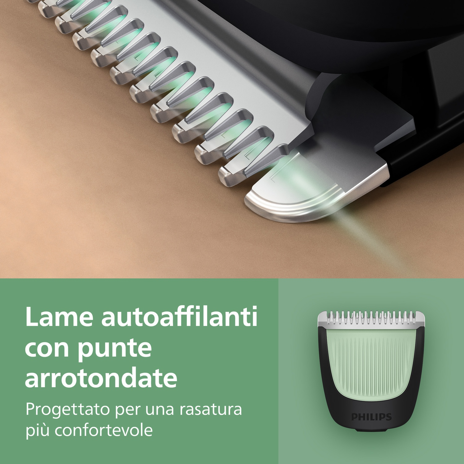 Primo piano di una lama per rifinitore con accenti verdi su sfondo marrone.