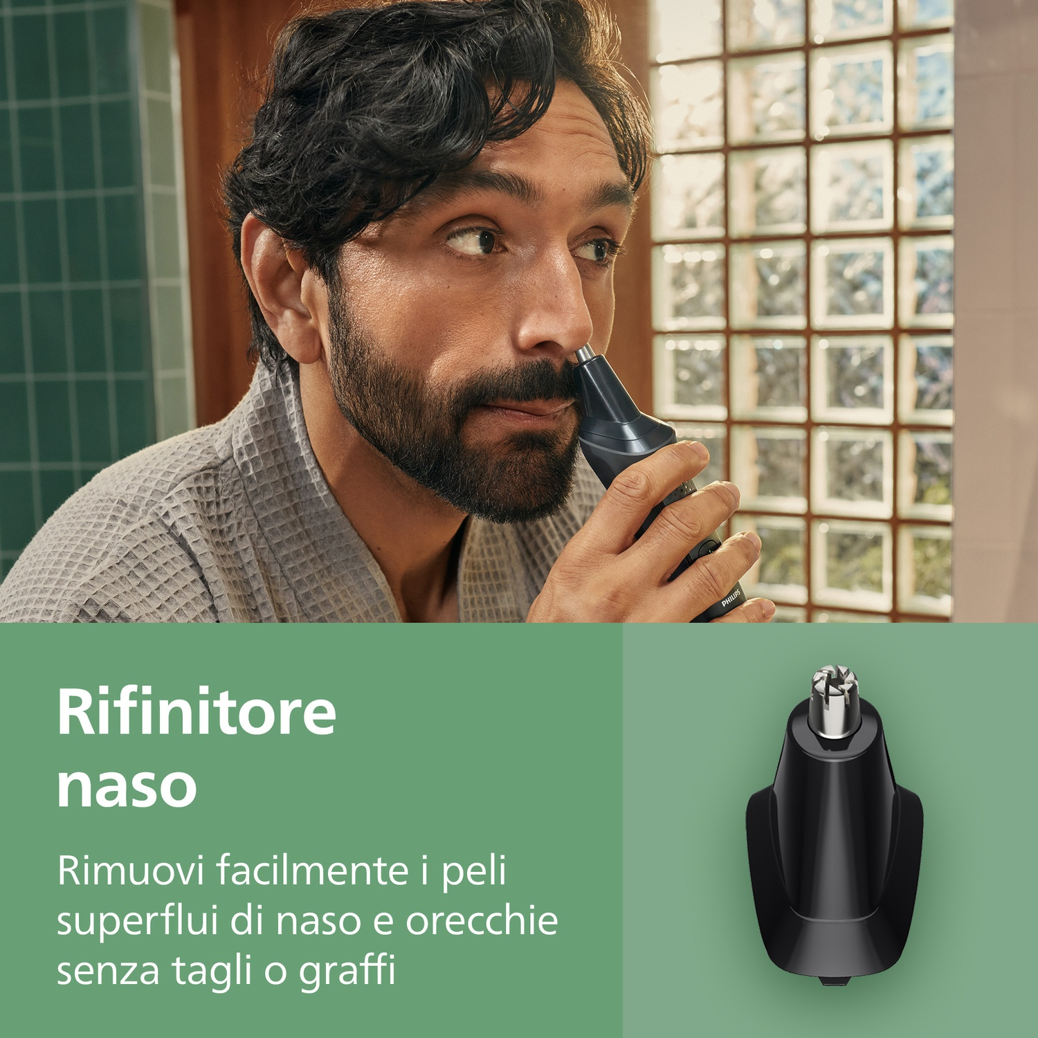 Uomo usa rifinitore naso in bagno. Ripresa ravvicinata.