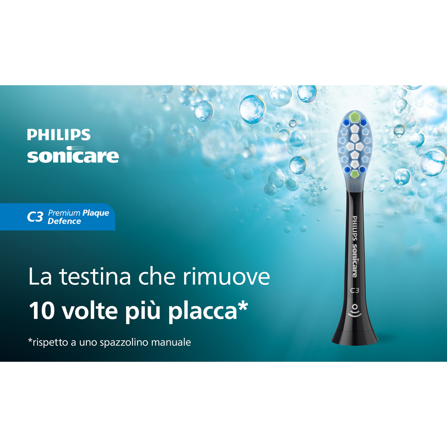 Testina Philips Sonicare C3 con molte setole blu, bianche e verdi, circondata da bolle d'acqua.