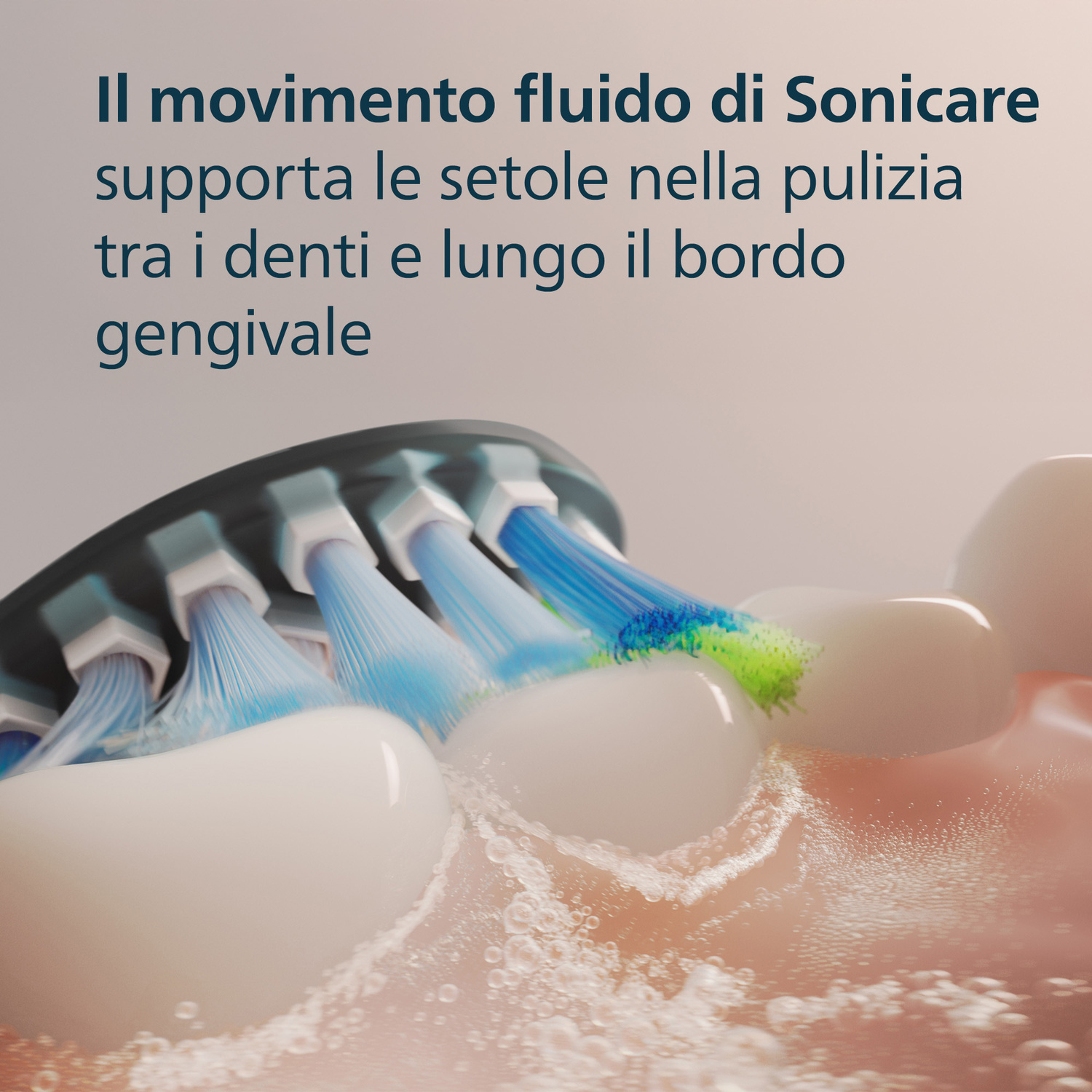 Uno spazzolino pulisce i denti con setole blu e verdi, circondato da bolle d'acqua.
