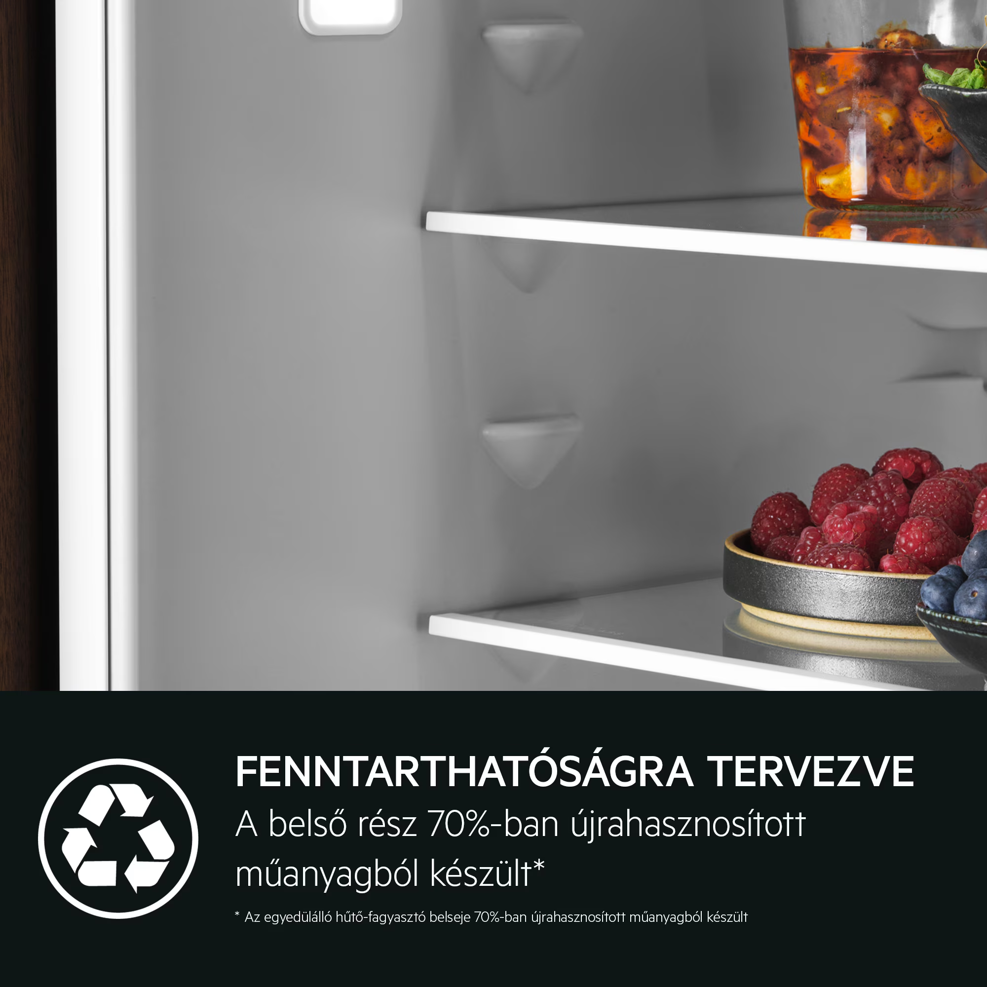 Hűtő-fagyasztó belseje, gyümölcsökkel egy polcon.