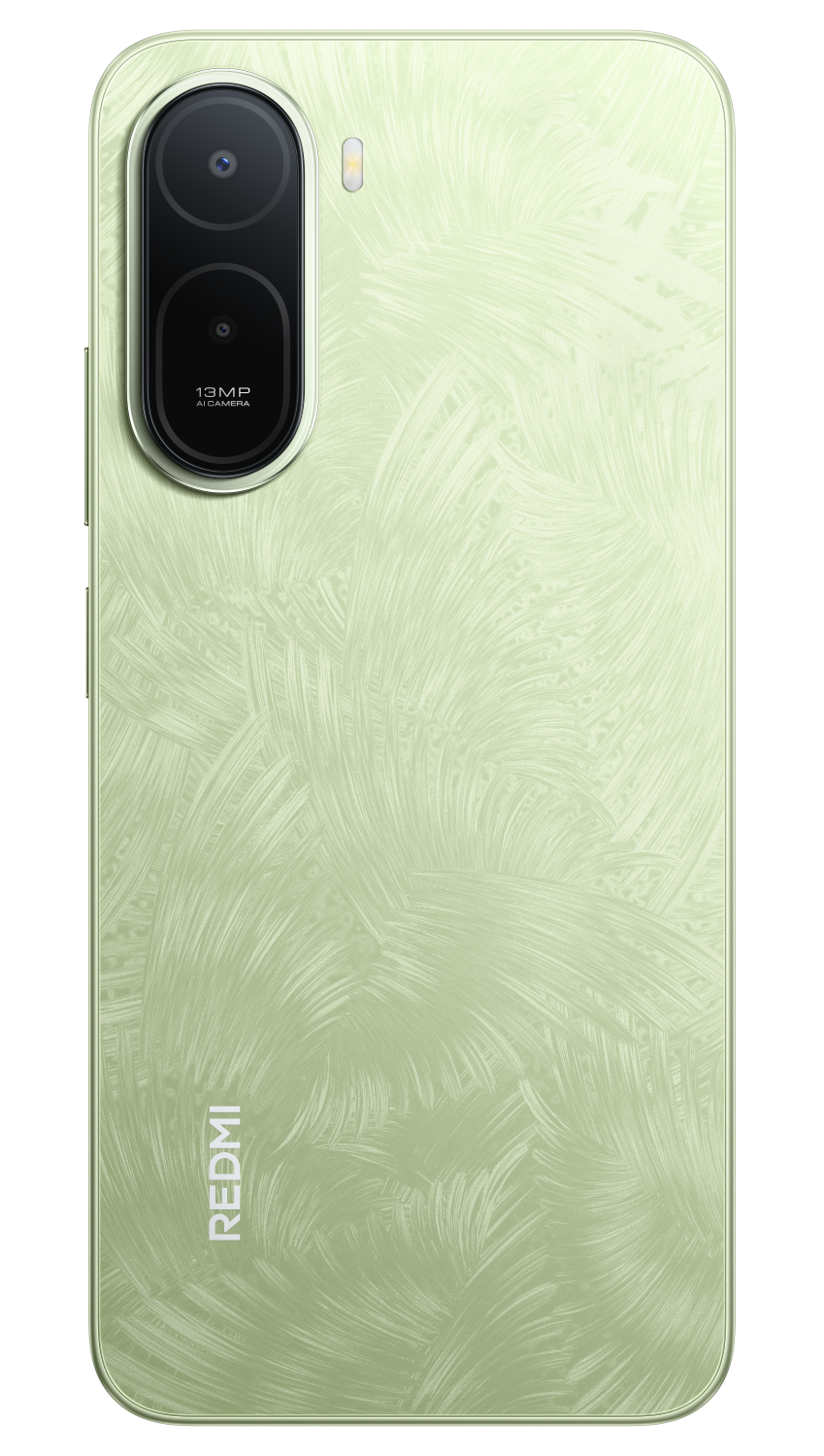 Tył jasnooliwkowego smartfona z aparatem i logo "REDMI".