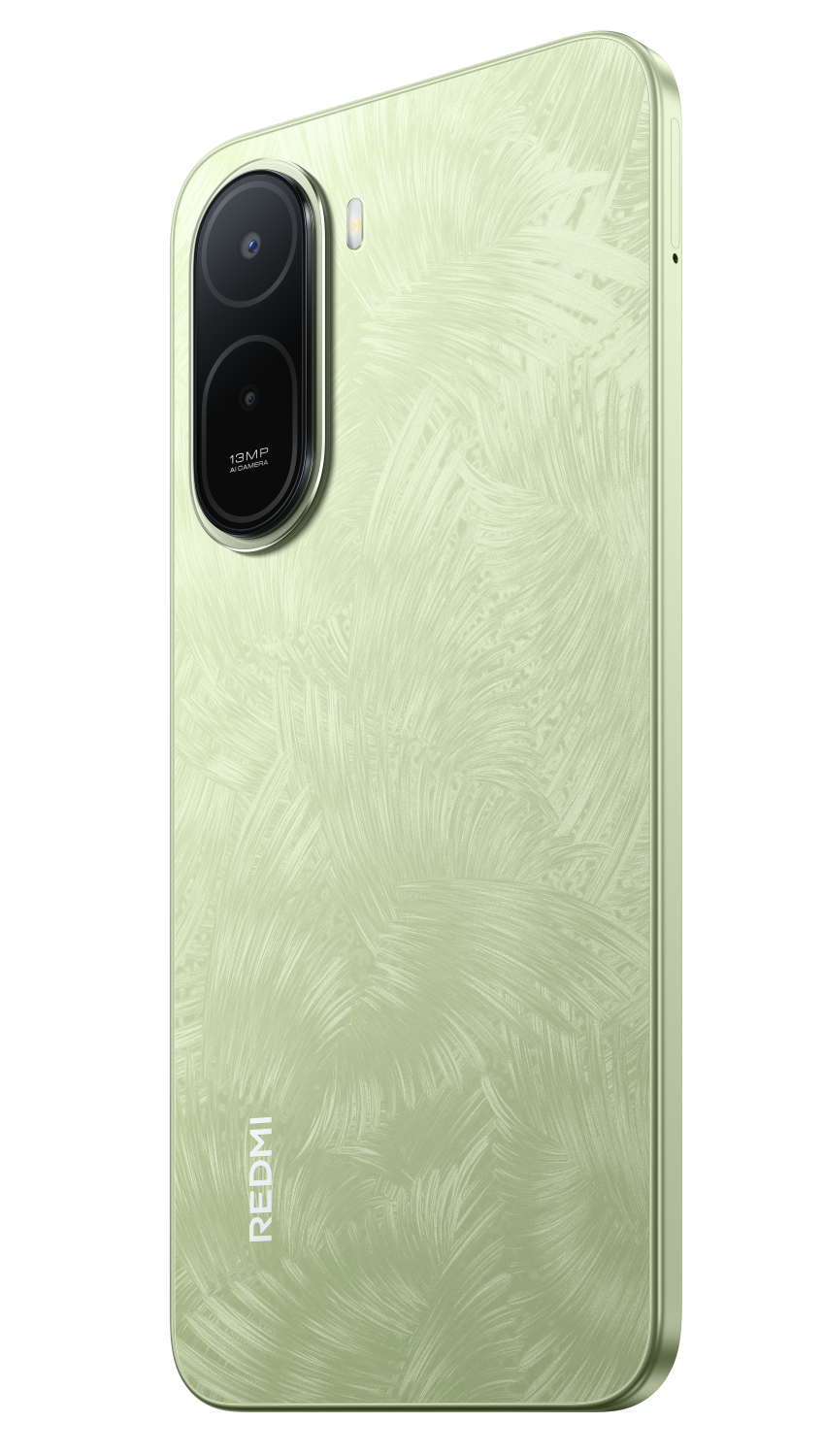 Tył jasn0zielonego smartfona z wzorzystym wykończeniem i dwoma aparatami.