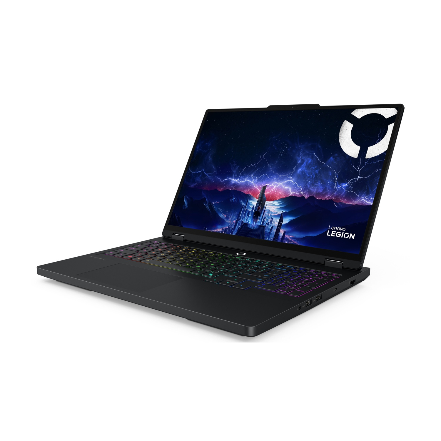 Un laptop nero con tastiera retroilluminata e sfondo dello schermo futuristico.