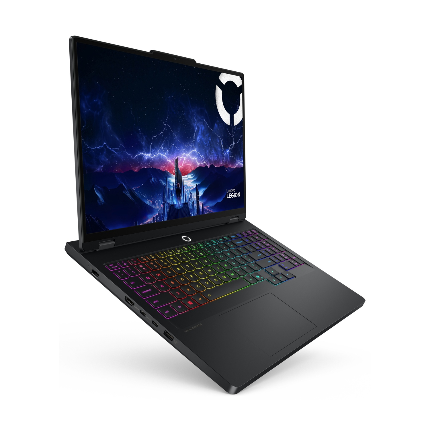 Laptop Lenovo Legion nero con sfondo di città futuristica e vibrante sullo schermo.
