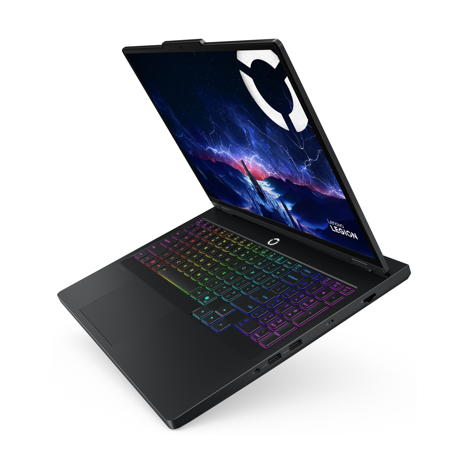 Un laptop nero con tastiera retroilluminata e sfondo tempestoso sullo schermo.