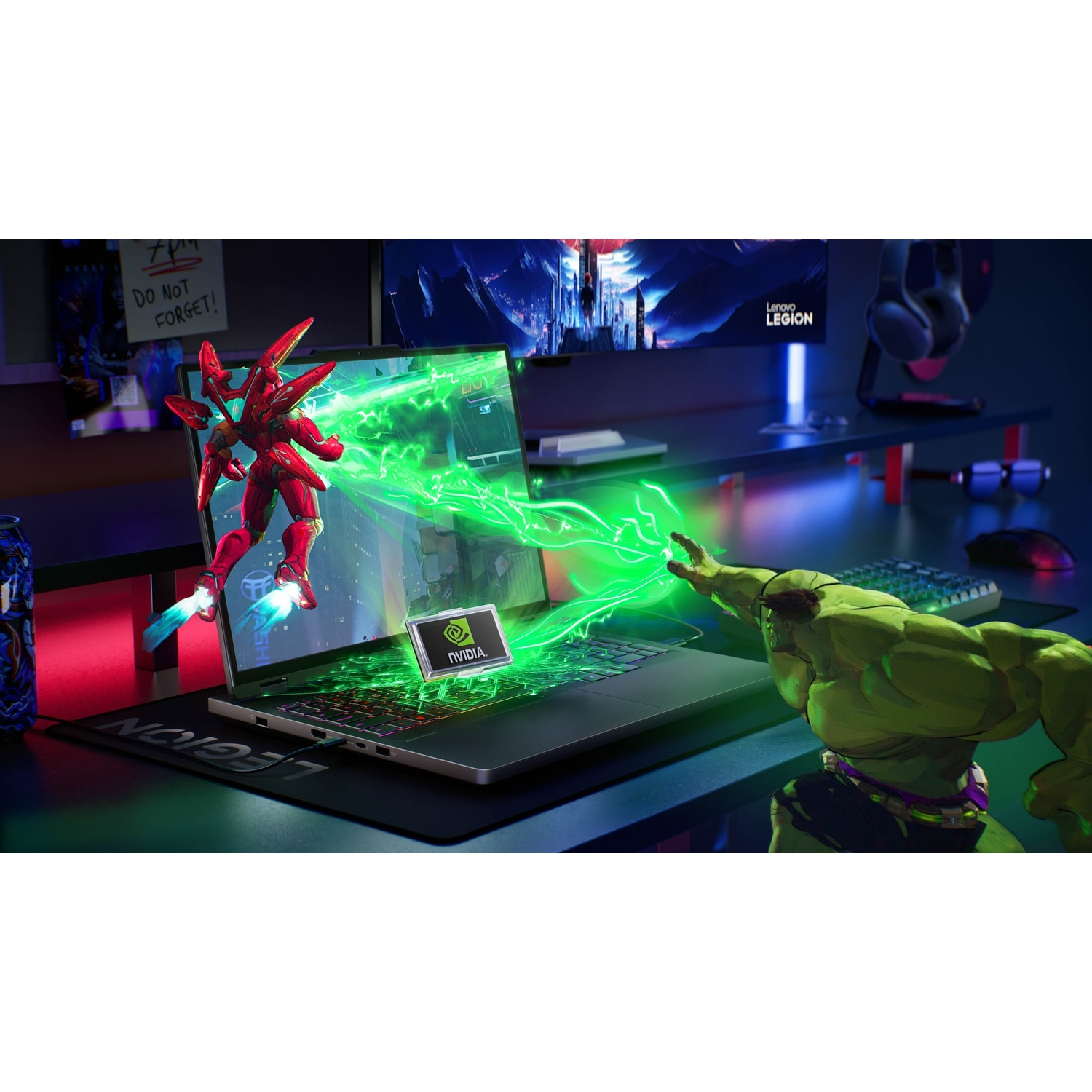 Un cyborg rosso spara energia verde all'Hulk che gioca su un laptop Lenovo Legion.
