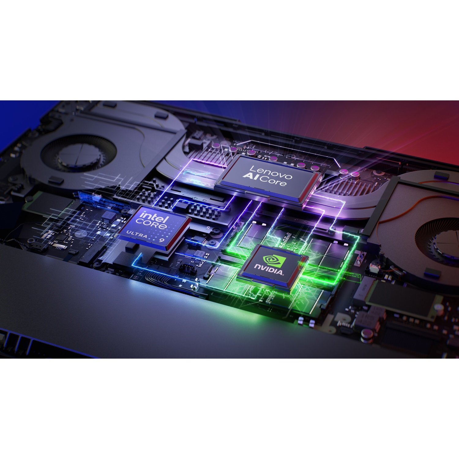 Scheda madre di un laptop con chip Intel Core Ultra 9, Lenovo AI Core e Nvidia.
