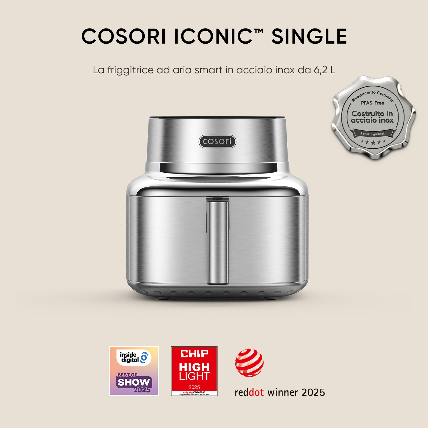 Friggitrice ad aria COSORI argentata con premi e testo.