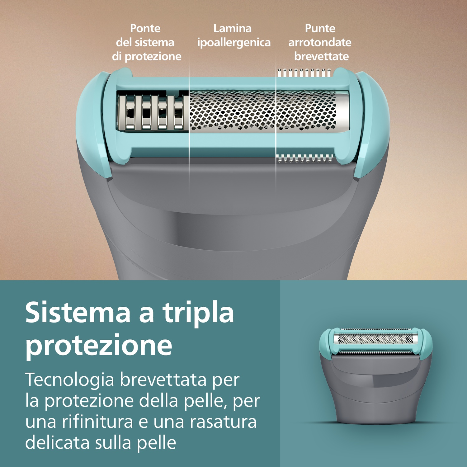 Primo piano di una testina di rasoio con sistema di protezione, lamina ipoallergenica e punte arrotondate.