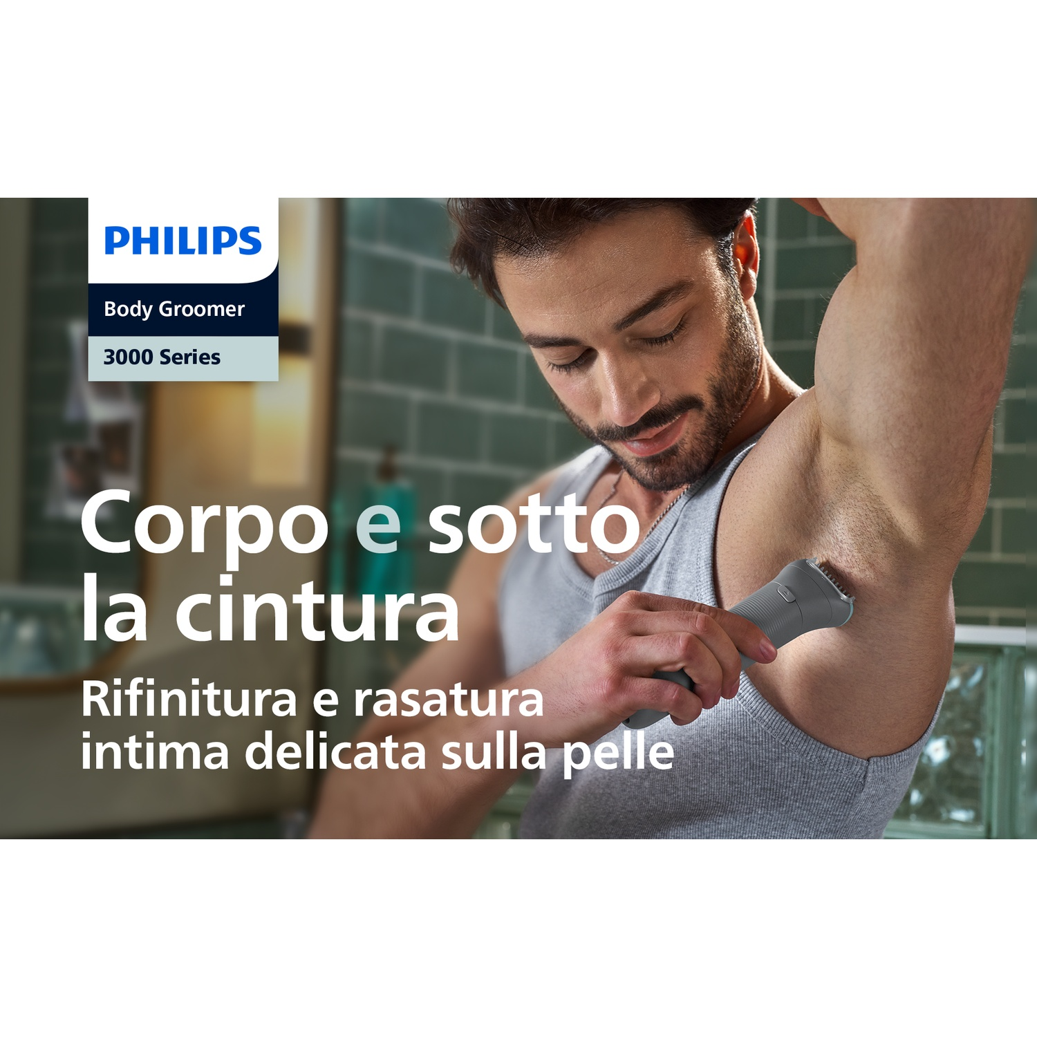Uomo si rade ascella con Philips Body Groomer Serie 3000.