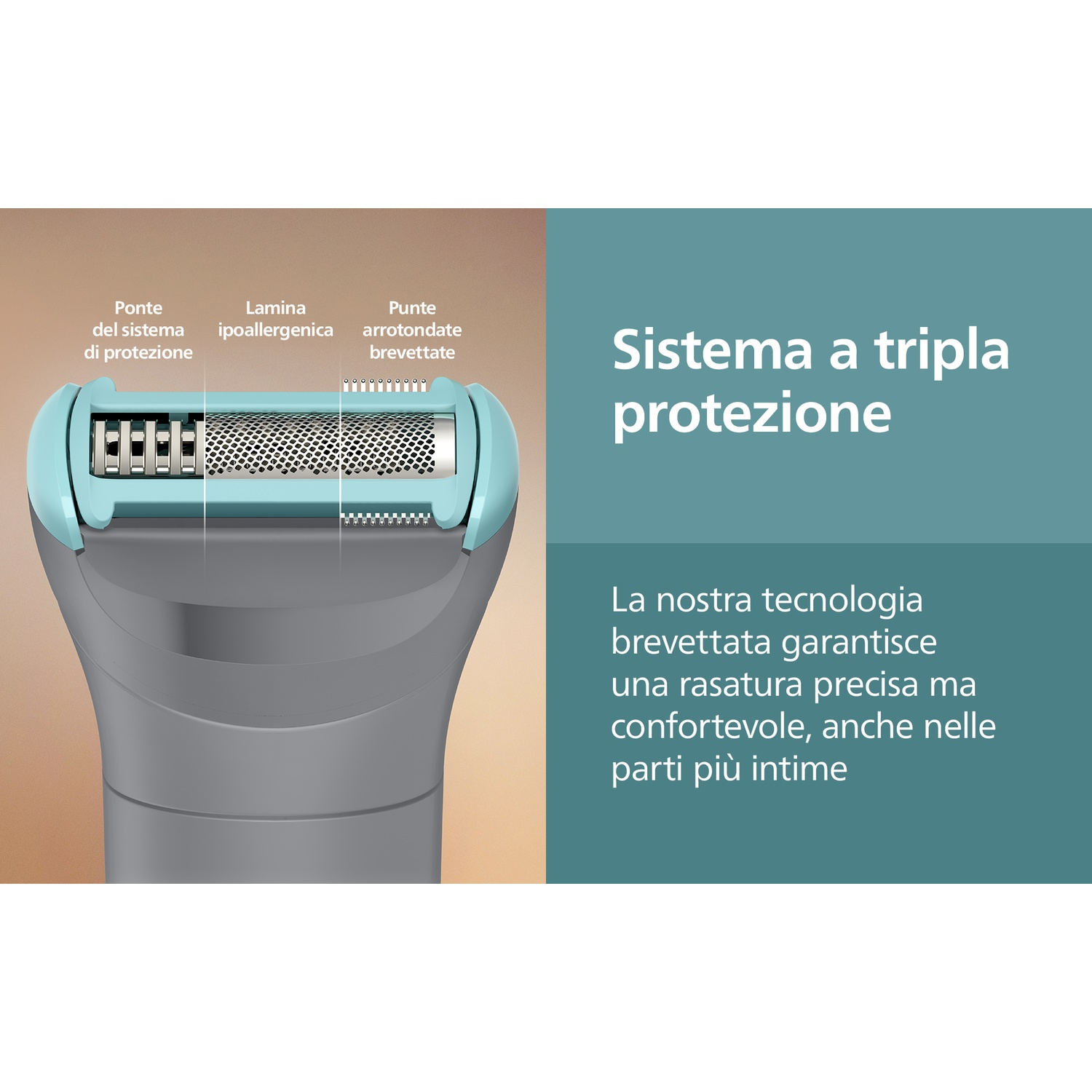 Primo piano del sistema di protezione di un rasoio: ponte, lama ipoallergenica, punte.