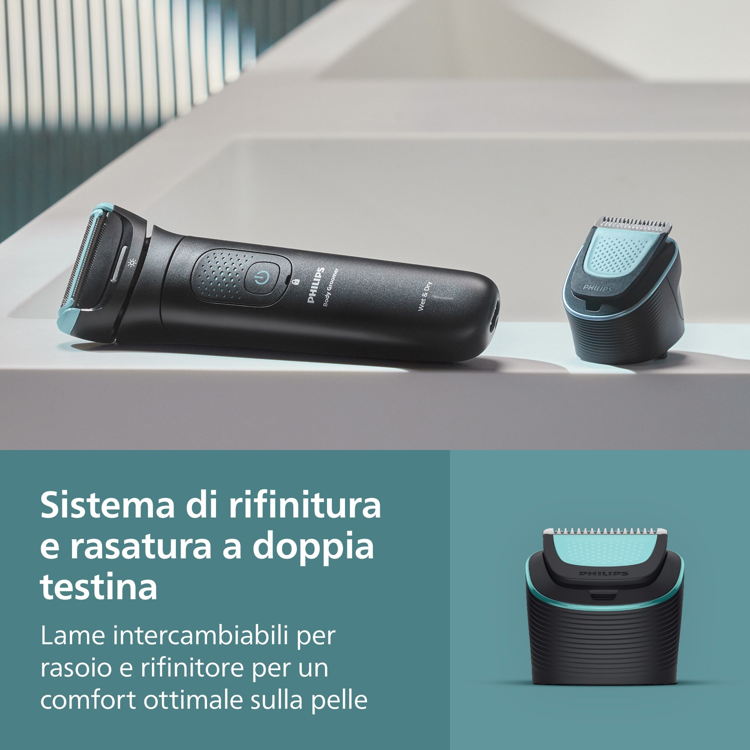 Bodygroomer Philips nero con accessori su superficie bianca.