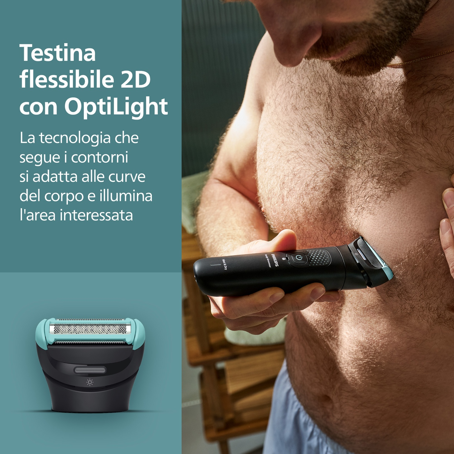 Un uomo usa un body groomer Philips nero sul suo corpo.
