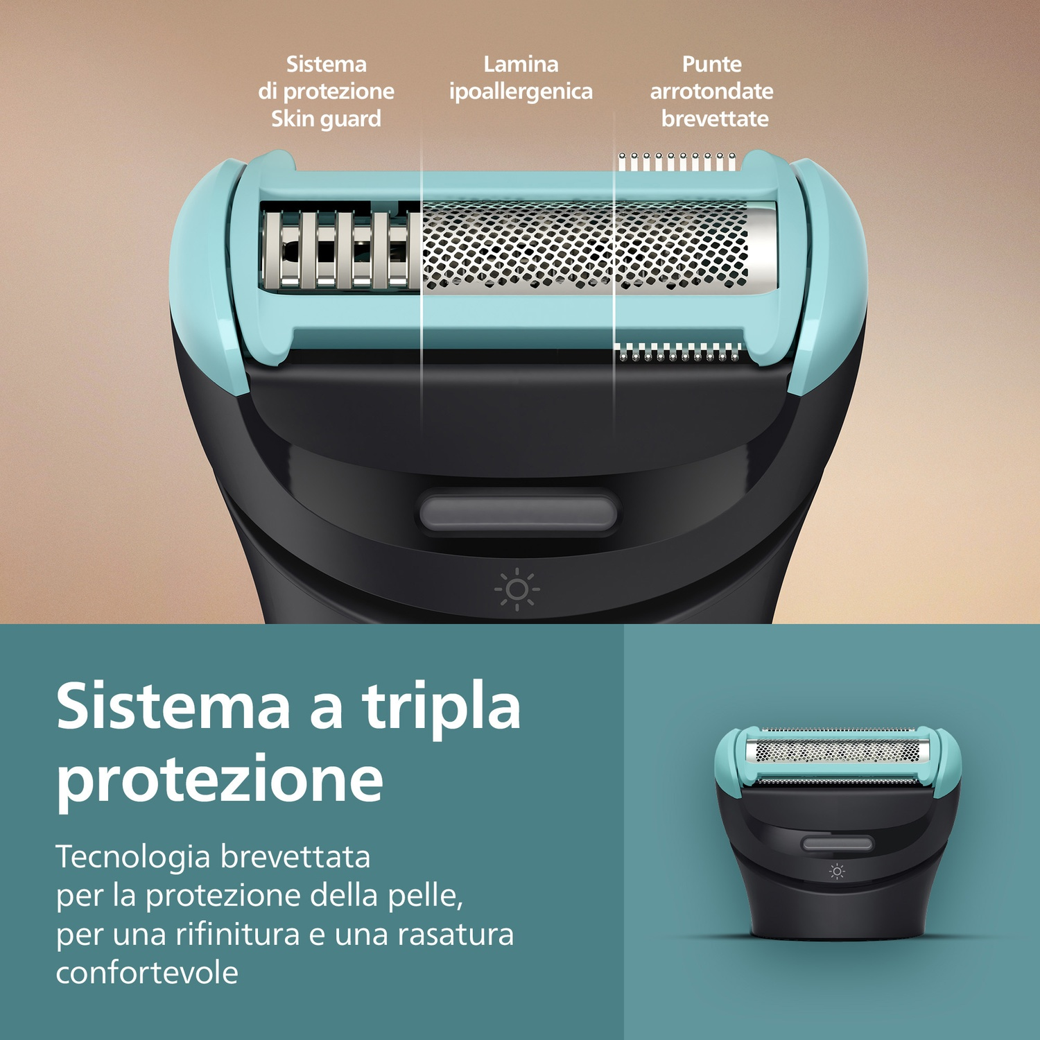 Primo piano di un rasoio da donna: sistema di protezione, lama ipoallergenica e punte arrotondate.
