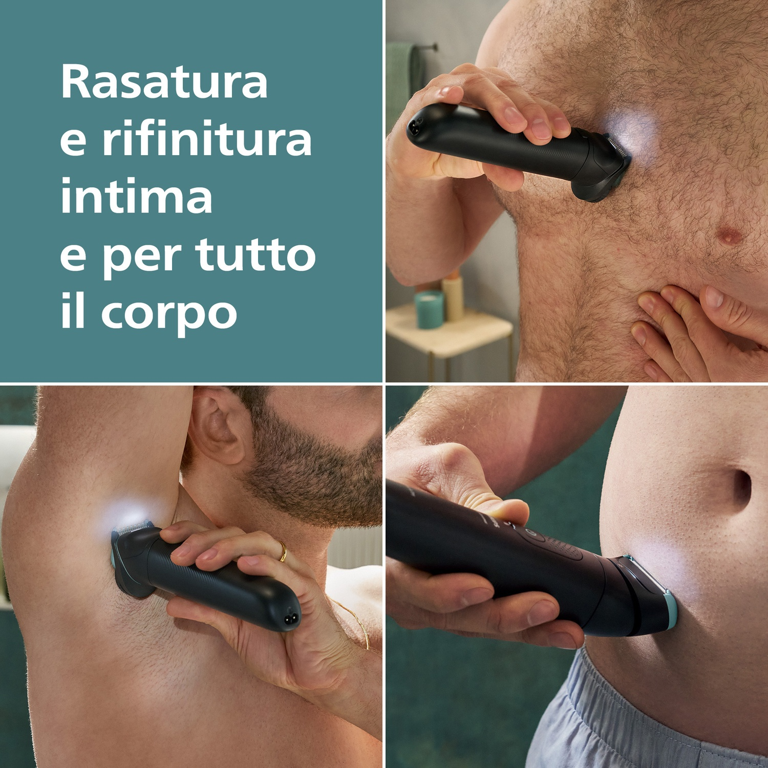 Un uomo usa un rifinitore su petto, ascella e addome. Testo: Rasatura e cura.