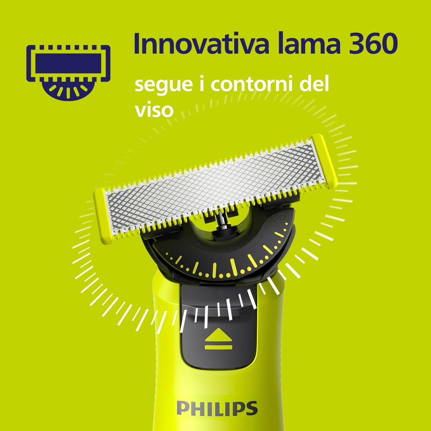 Un rifinitore Philips verde con lama rotante su sfondo giallo.