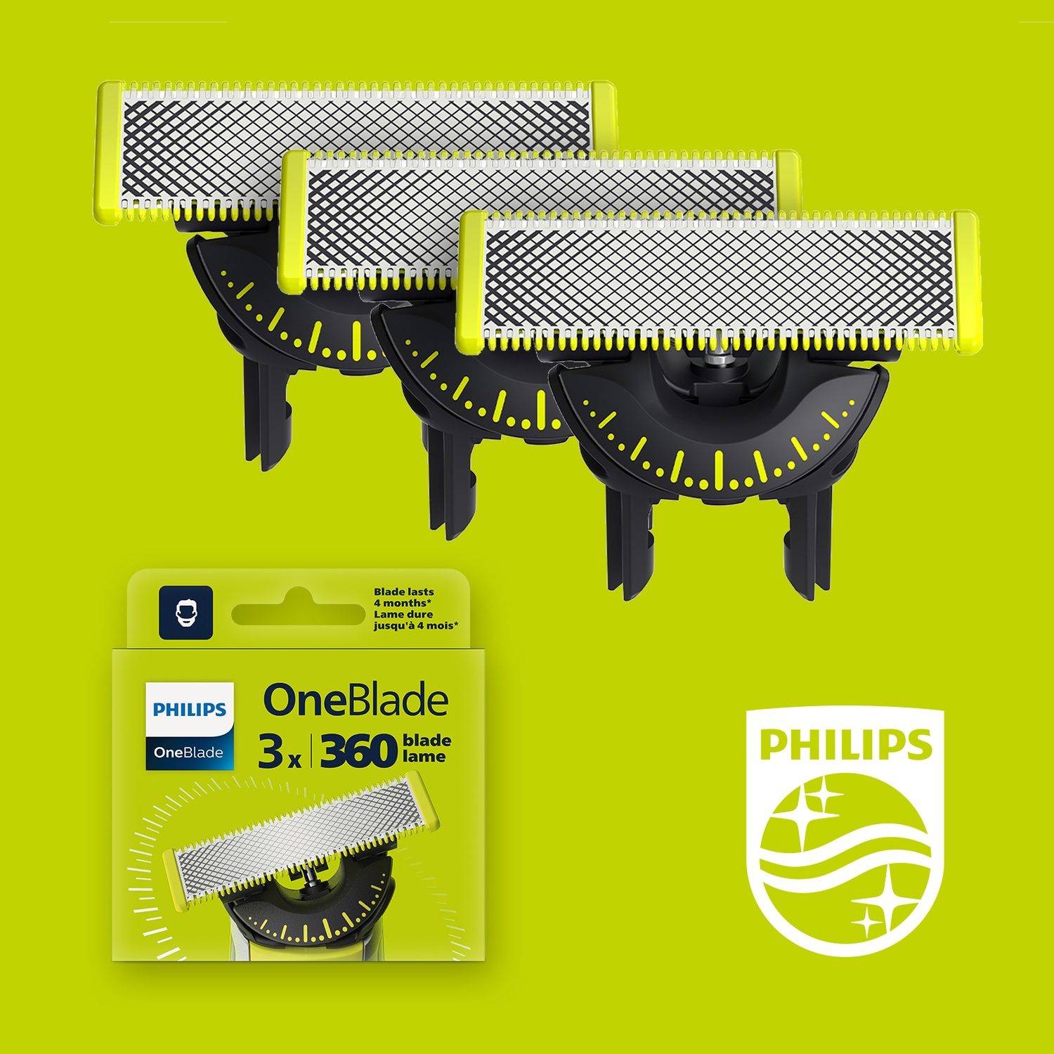 Tre lame di ricambio Philips OneBlade 360 su sfondo verde.