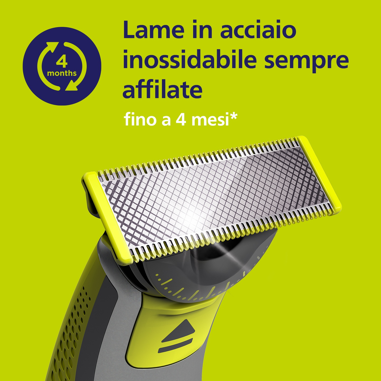 Primo piano di una lama di rifinitore elettrico verde e grigio su sfondo verde.