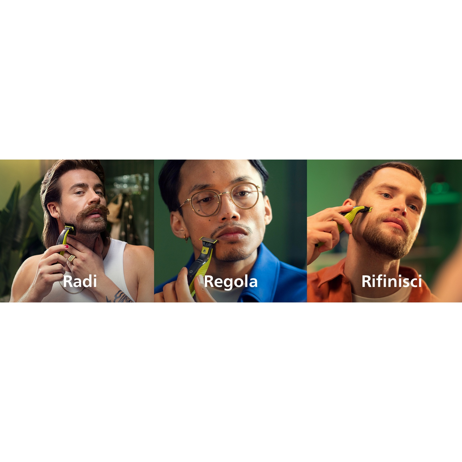 Tre uomini si radono con rifinitore giallo. Uno con baffi, uno con occhiali, uno con barba.