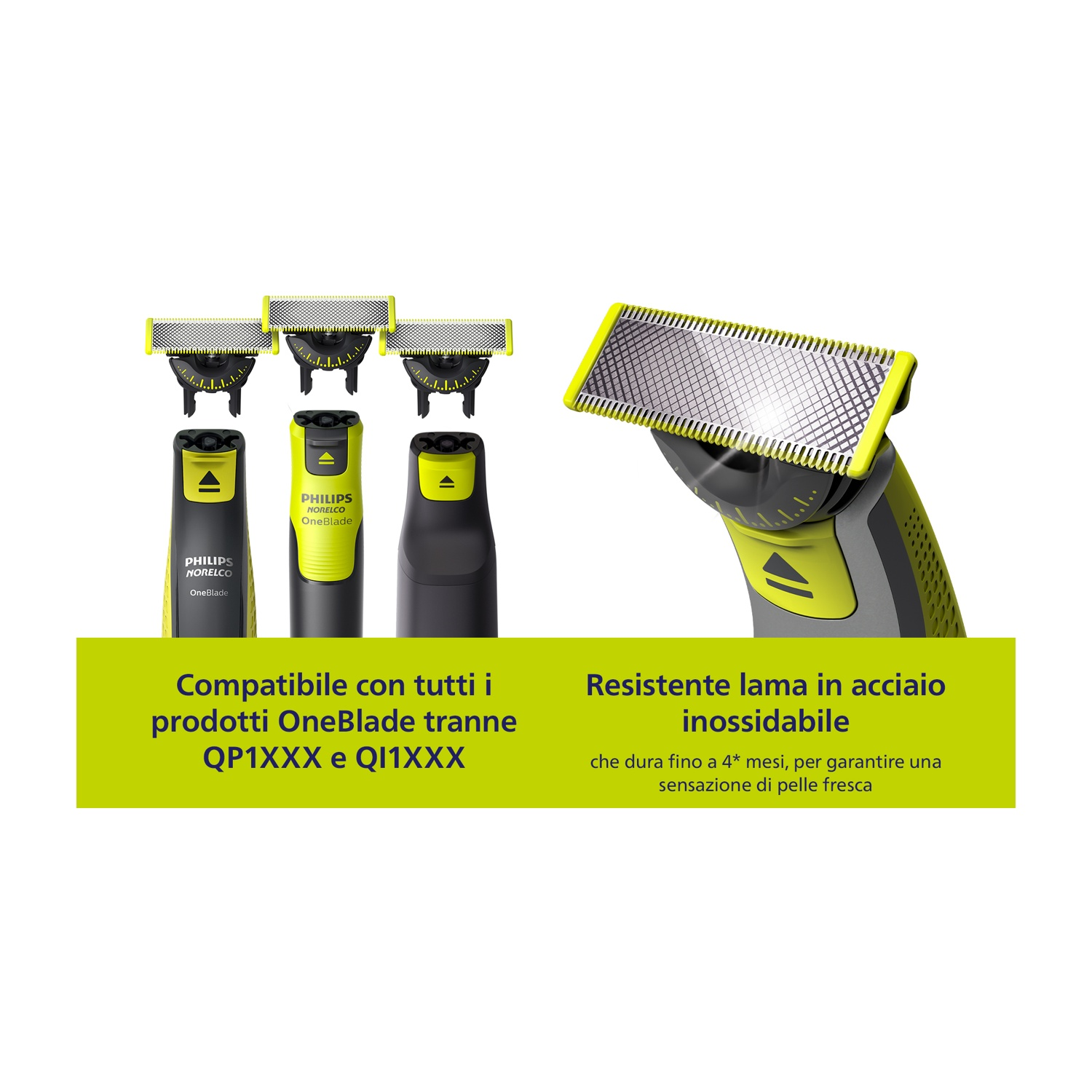 Due Philips OneBlade con lame di ricambio e un primo piano della testina del rasoio.