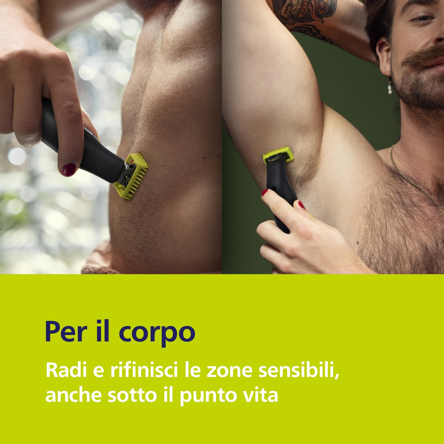 Persona che si rade sotto le ascelle con un trimmer. Primo piano mano e dispositivo.