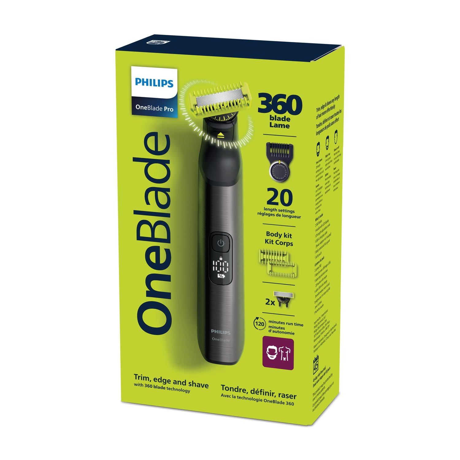 Confezione Philips OneBlade Pro con lama 360. Include accessori per la cura.