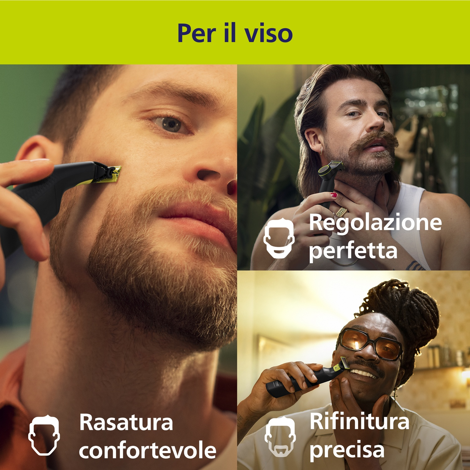Tre uomini si tagliano il viso con un rifinitore nero e giallo.