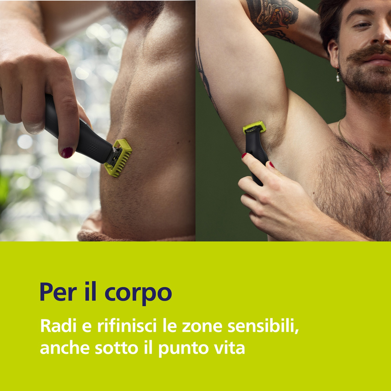Uomo si rade le ascelle con rifinitore. Primo piano.