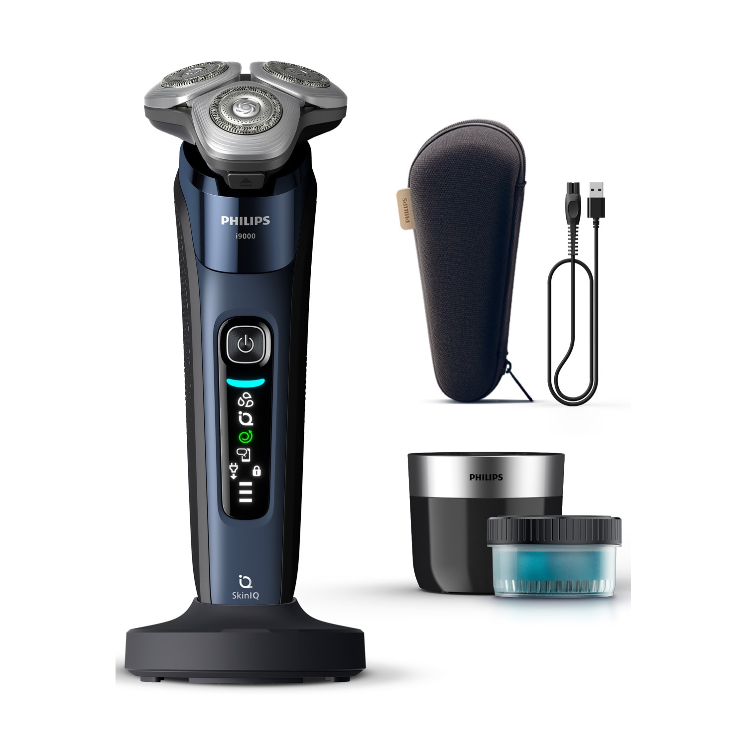 Un rasoio Philips blu e nero con accessori su sfondo bianco.