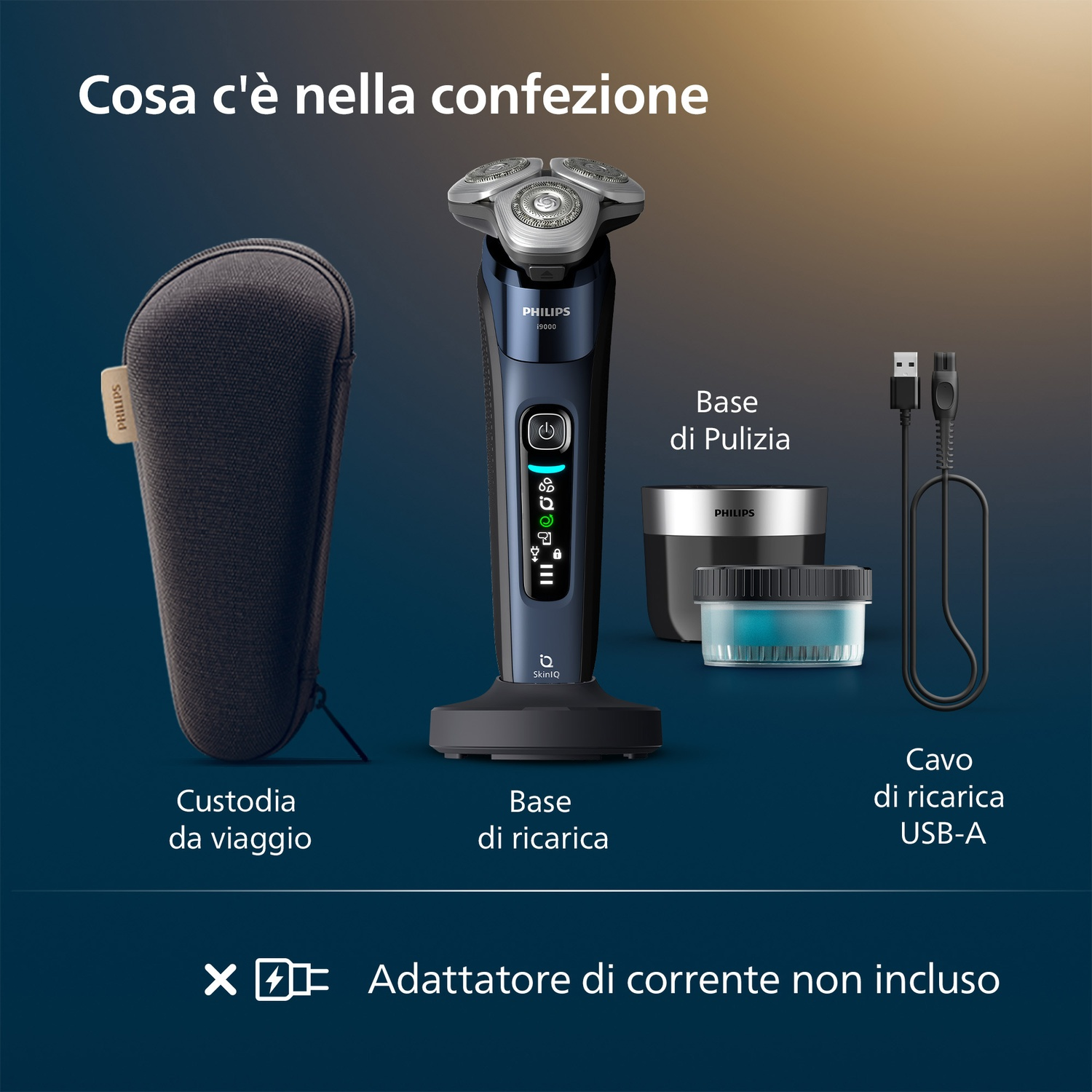 Rasoio Philips, custodia da viaggio, base di ricarica, base di pulizia, cavo USB.