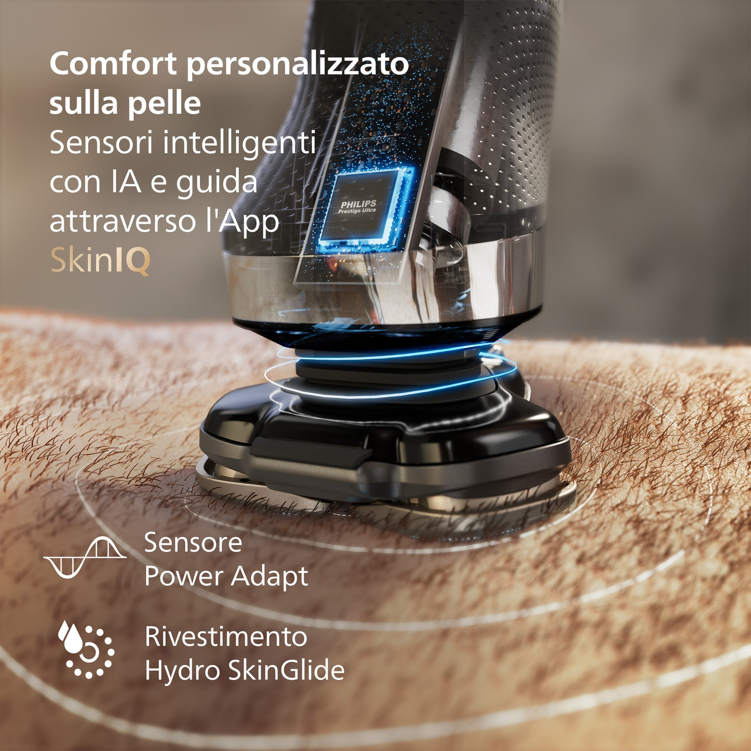 Rasoio elettrico su pelle, con display LED blu e testo.