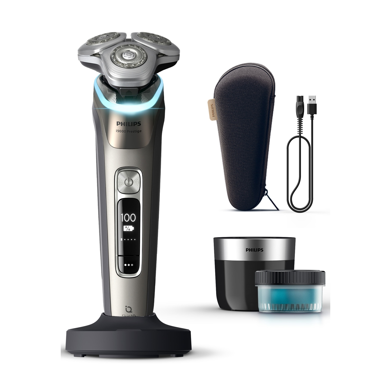 Rasoio Philips con base di ricarica, custodia da viaggio, cavo USB e capsula per la pulizia.
