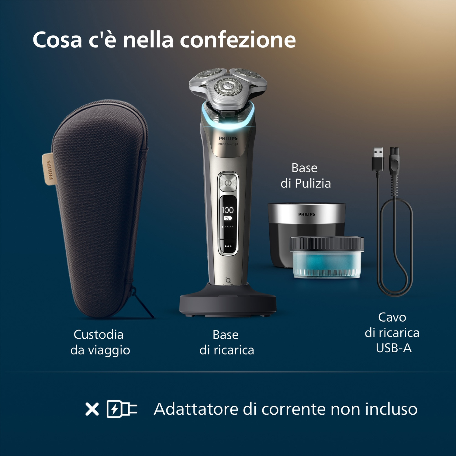 Rasoio elettrico, custodia da viaggio, base pulizia, base ricarica e cavo USB.