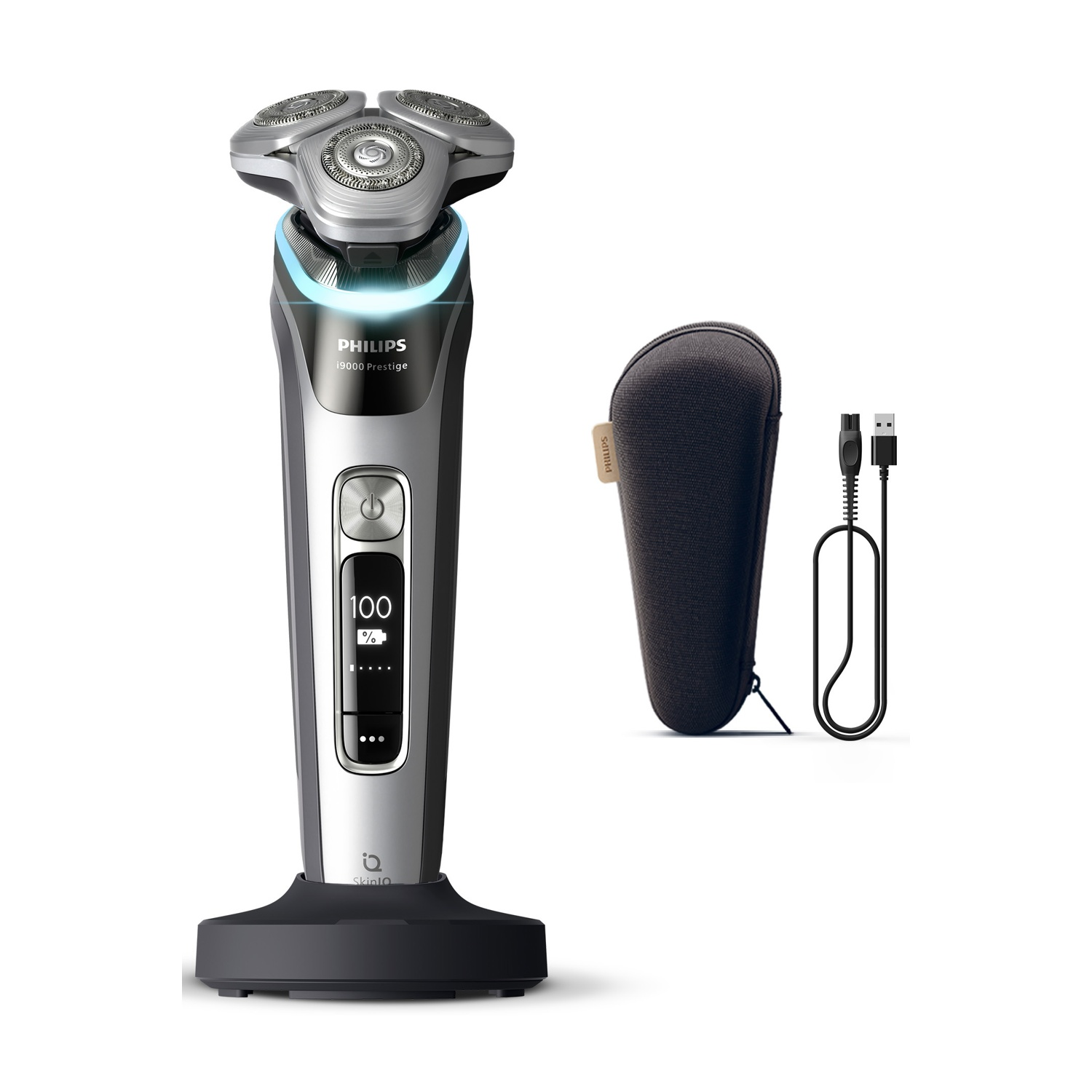 Rasoio elettrico Philips con base di ricarica, custodia e cavo USB su sfondo bianco.
