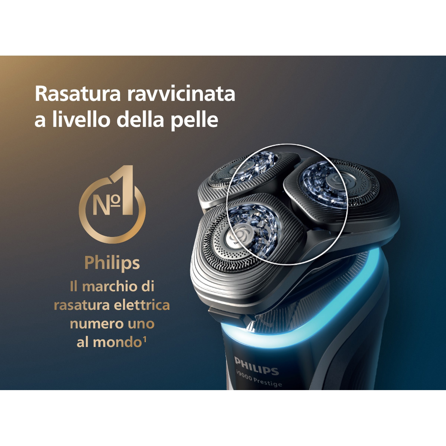 Rasoio Philips con tre testine e luce blu. Marchio n. 1.