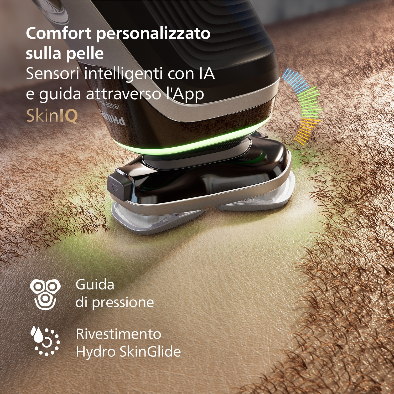 Un rasoio elettrico con sensori cutanei e barra display su pelle umana.