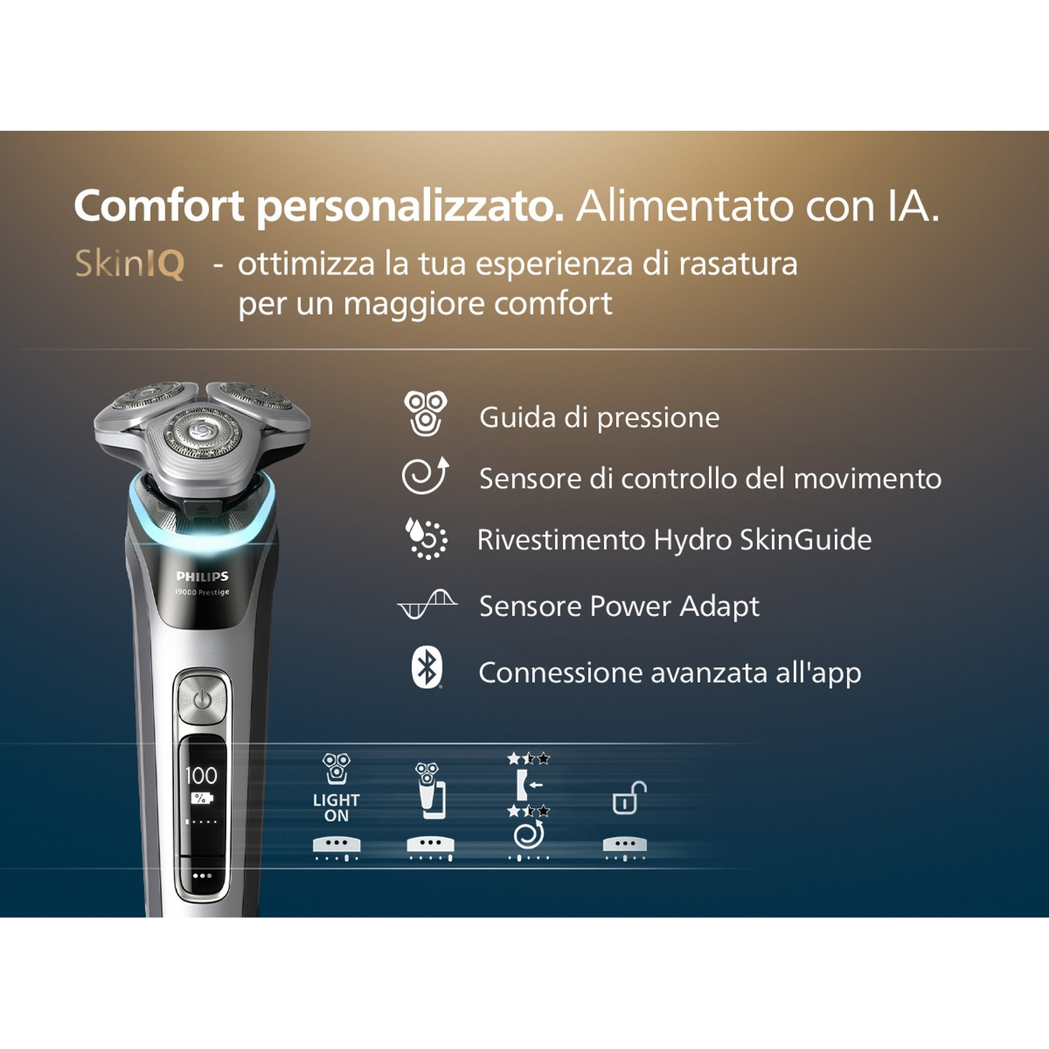 Un rasoio Philips con tecnologia SkinIQ, che promuove il comfort personalizzato.