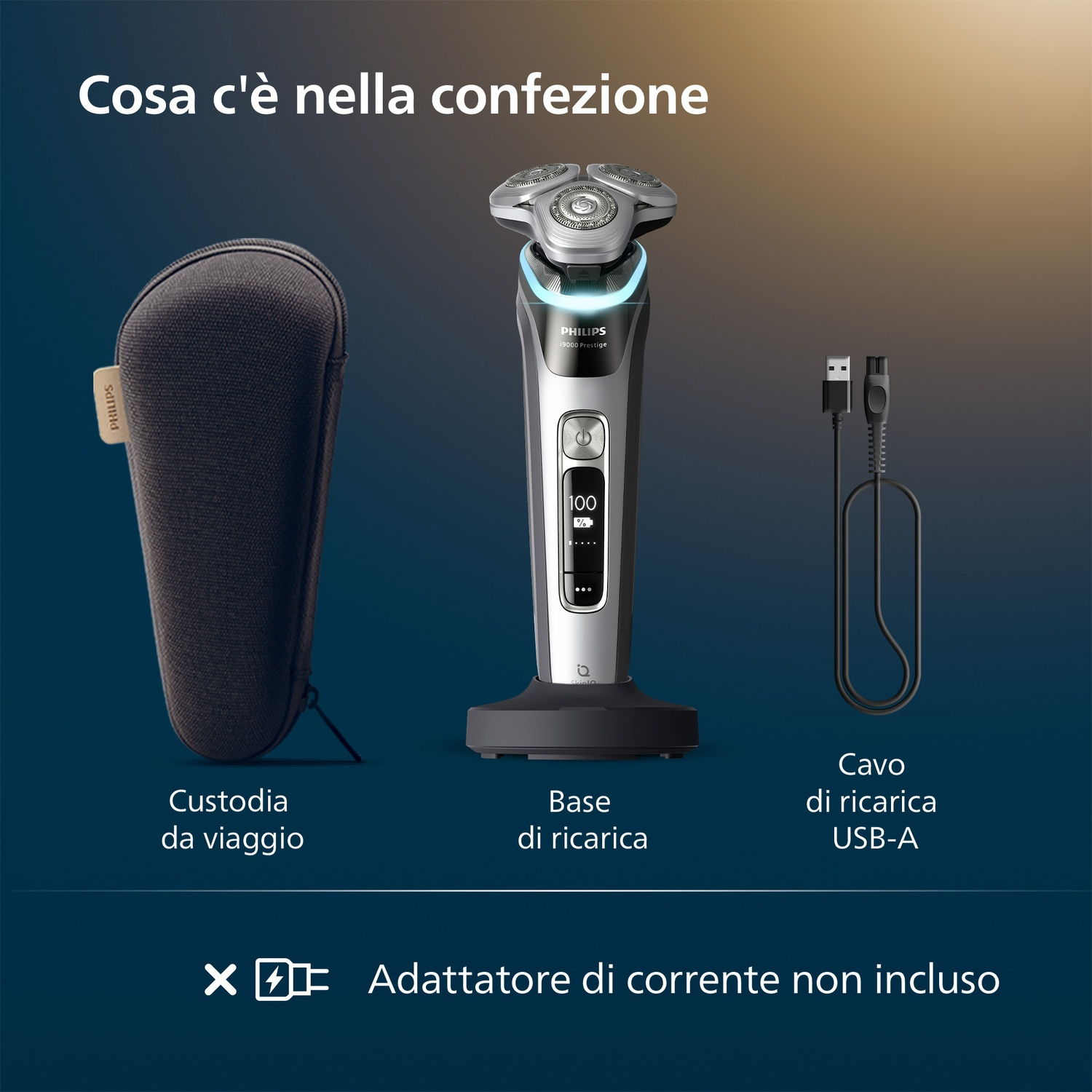 Custodia da viaggio, base di ricarica e cavo USB-A per un rasoio Philips.