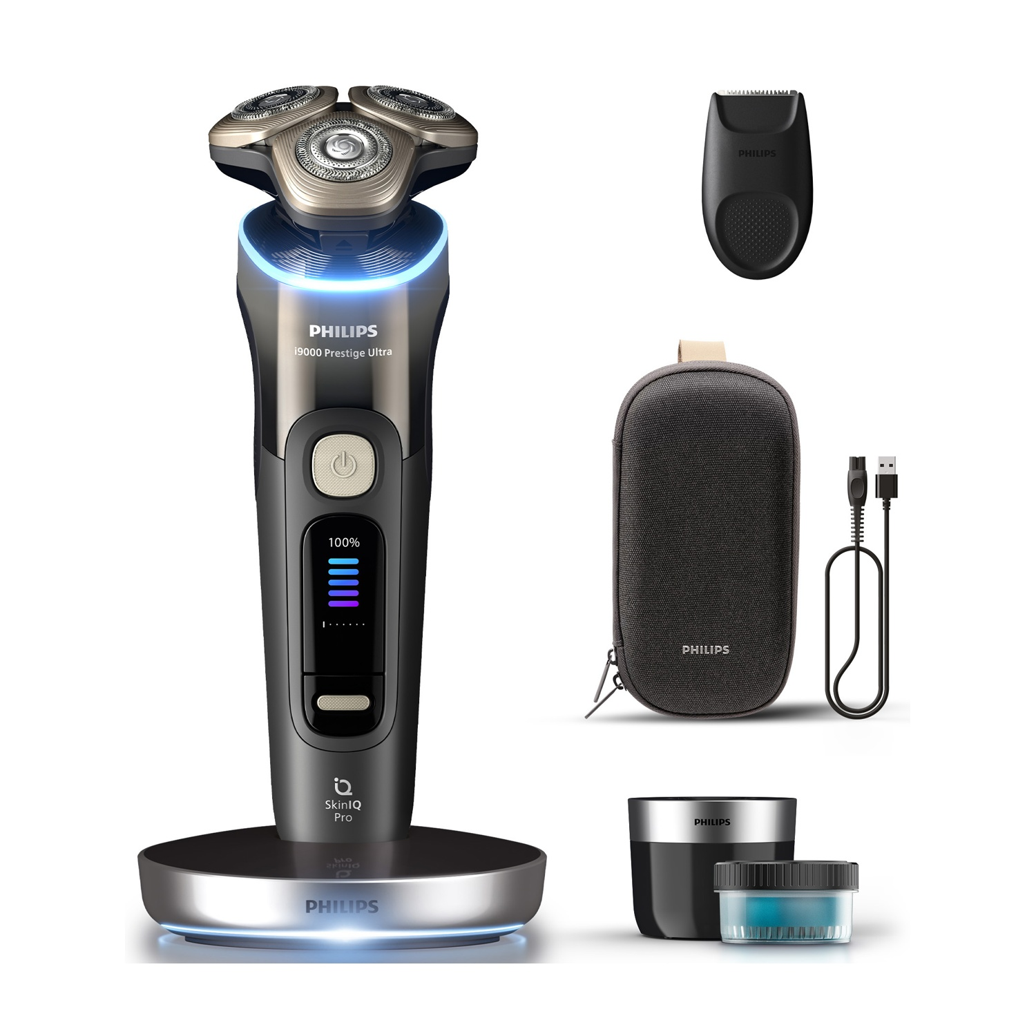 Rasoio elettrico Philips su base di ricarica, con rifinitore, custodia, cavo USB e pod.