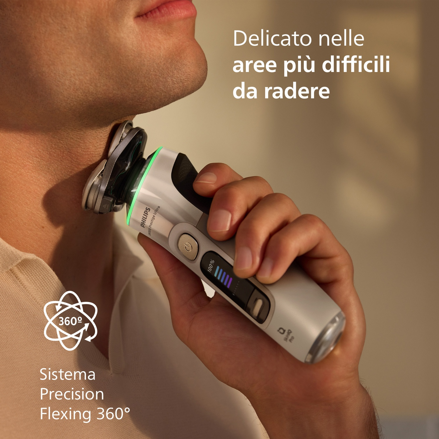 Uomo si rade il collo con un rasoio Philips bianco con testine flessibili.