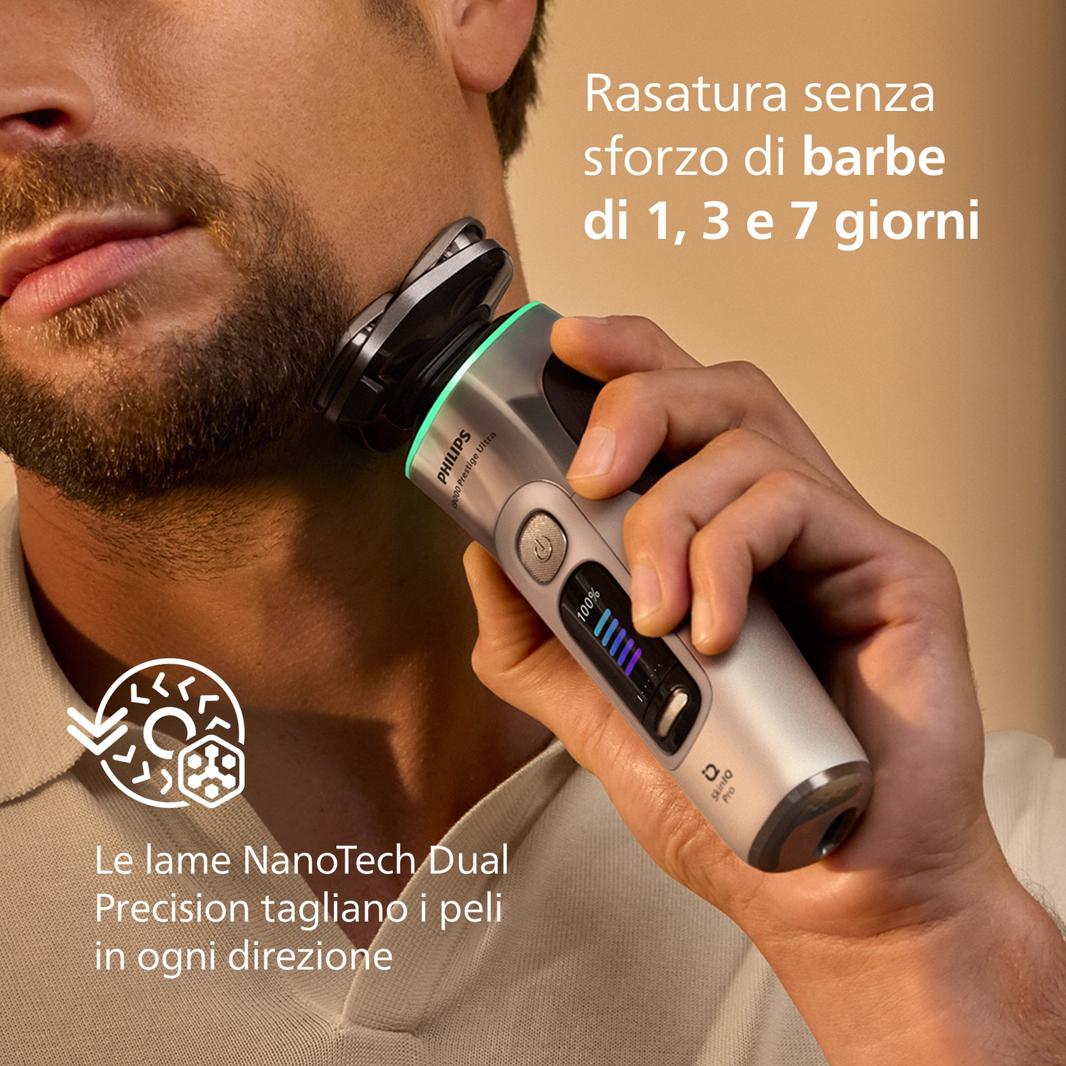 Uomo si rade con un rasoio Philips. Primo piano del viso e del dispositivo. Testo.