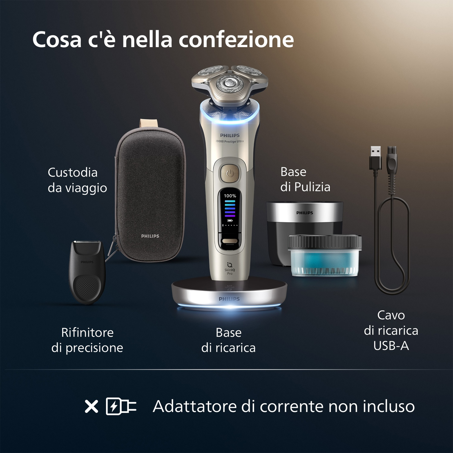 Rasoio Philips con accessori: custodia da viaggio, base di pulizia, base di ricarica, cavo USB-A.