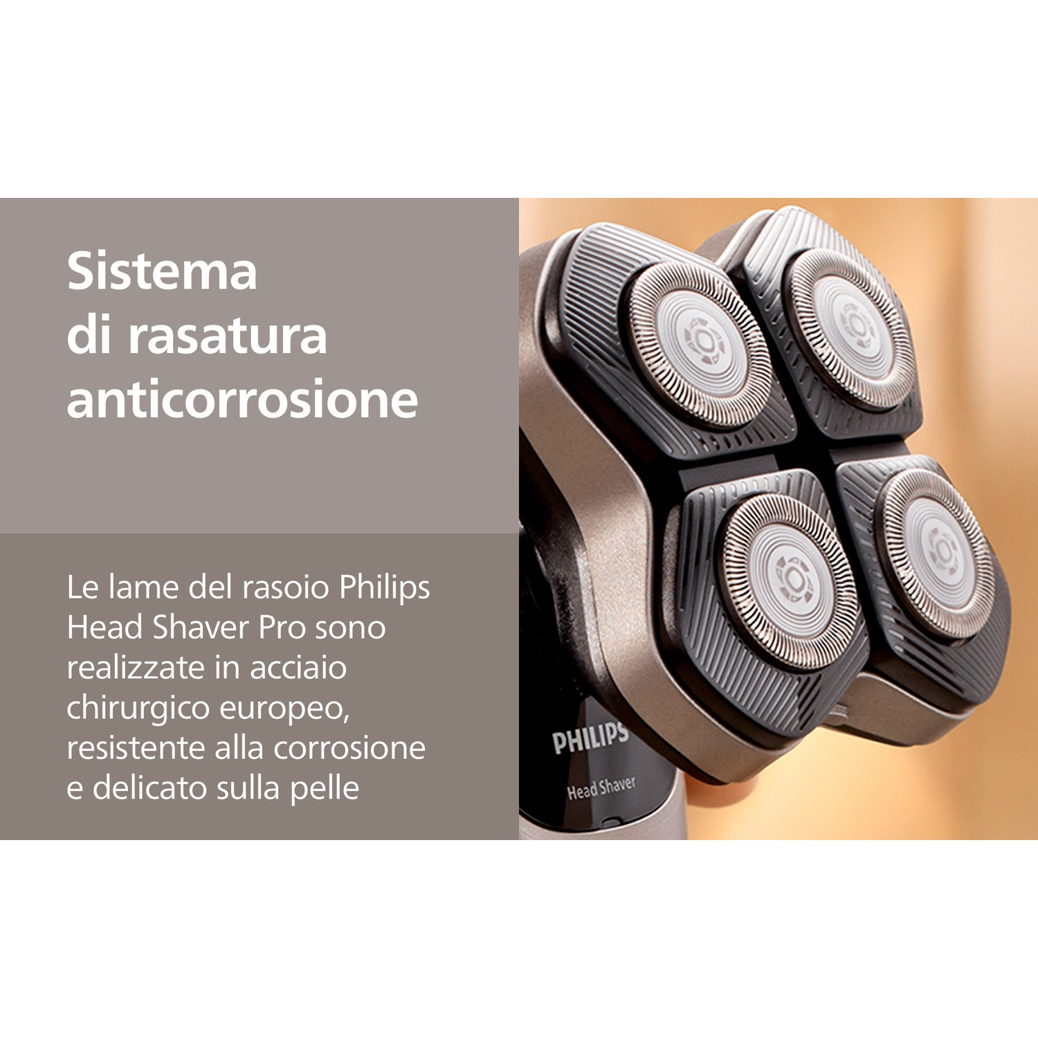 Rasoio Philips con quattro testine metalliche rotonde, primo piano.