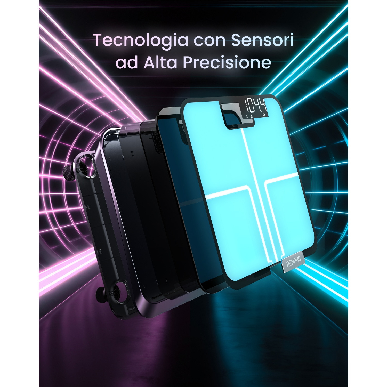 Una bilancia digitale blu brillante con display argentato, su una superficie scura.